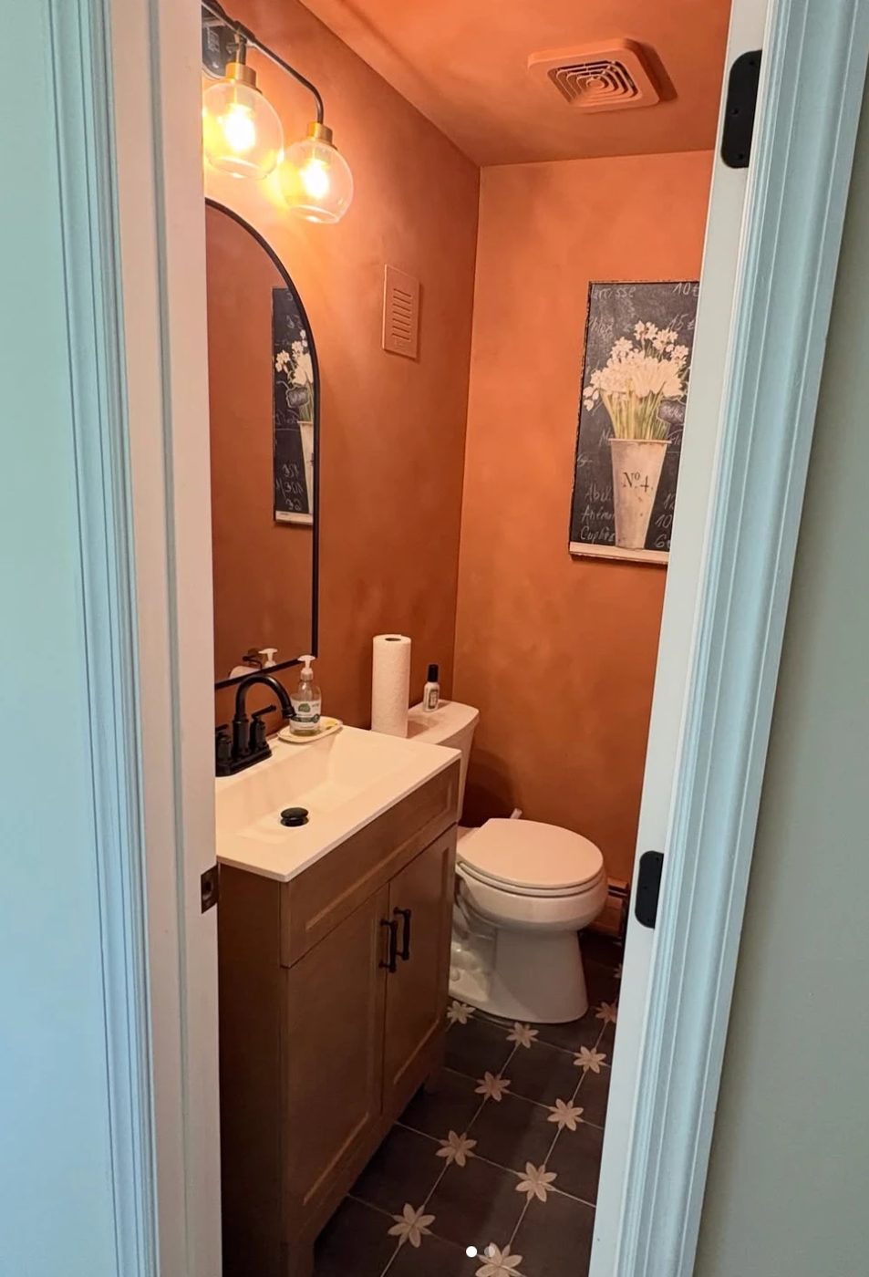 Finished bathroom remodel with new vanity, lighting, and tile, Glen Gardner, NJ